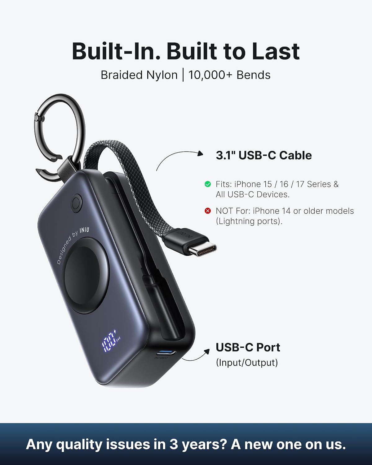 INIU 20W SnapGo Power Bank, 5000mAh Mini Portable Charger for Apple Watch 20W Fast Charging, Travel Keychain, Built-in USB-C Cable, Flight-Safe, Battery Pack for Apple Watch, iPhone 18 17 etc