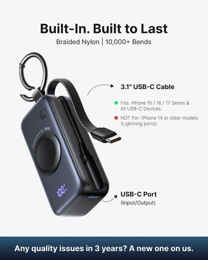 INIU 20W SnapGo Power Bank, 5000mAh Mini Portable Charger for Apple Watch 20W Fast Charging, Travel Keychain, Built-in USB-C Cable, Flight-Safe, Battery Pack for Apple Watch, iPhone 18 17 etc