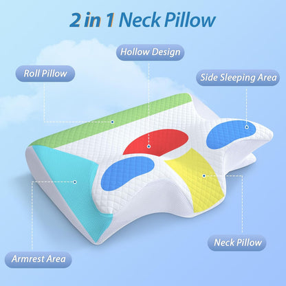 HOMCA Memory Foam Pillow, 2 in 1 Cervical Pillow for Neck Pain Relief, Ergonomic Neck Support Pillows for Side Back Stomach Sleepers with Breathable Pillowcase (Gray)