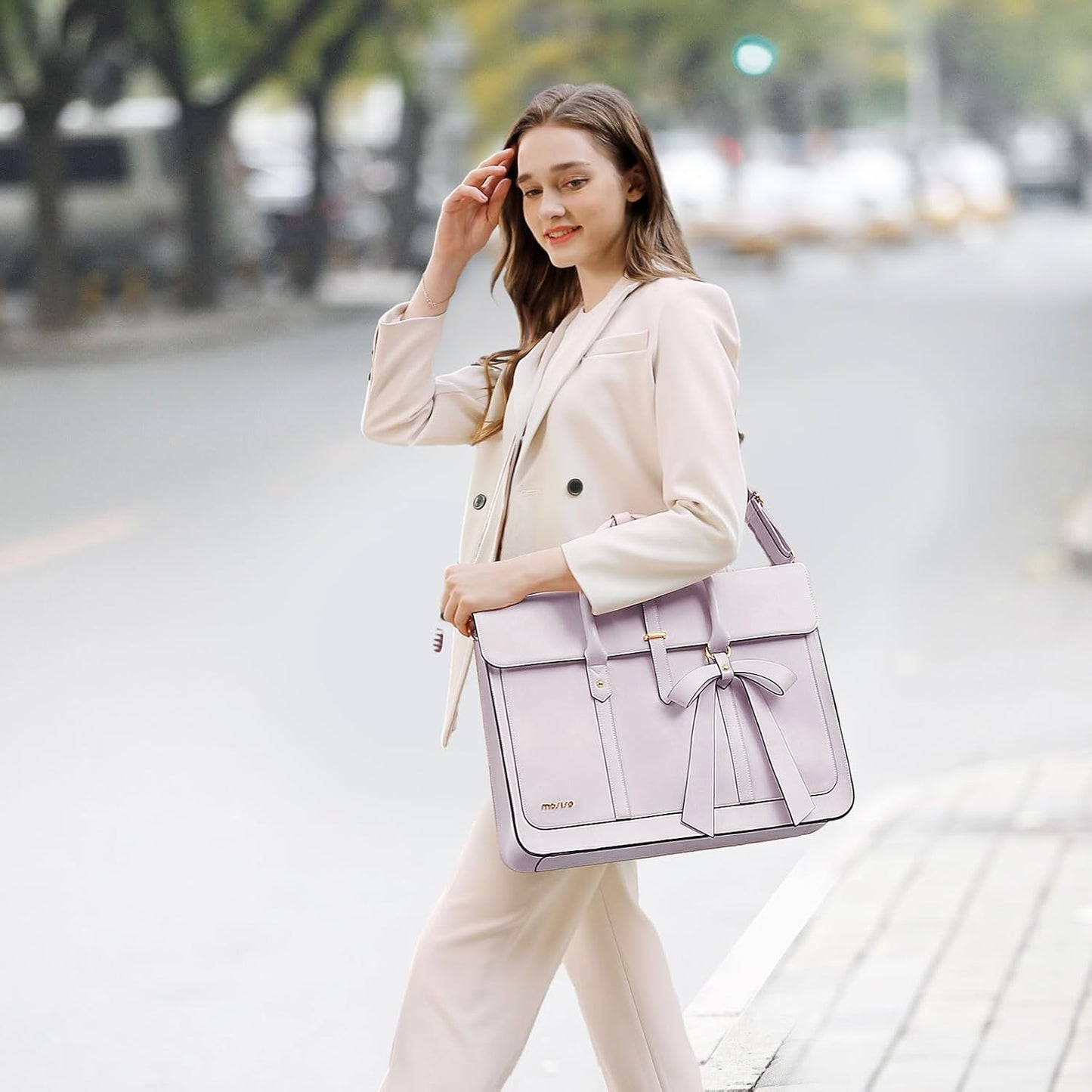 MOSISO Laptop Bag for Women, PU Leather Laptop Shoulder Bag Convertible Backpack, Work Travel Computer Bag with Bowknot - PuriLite