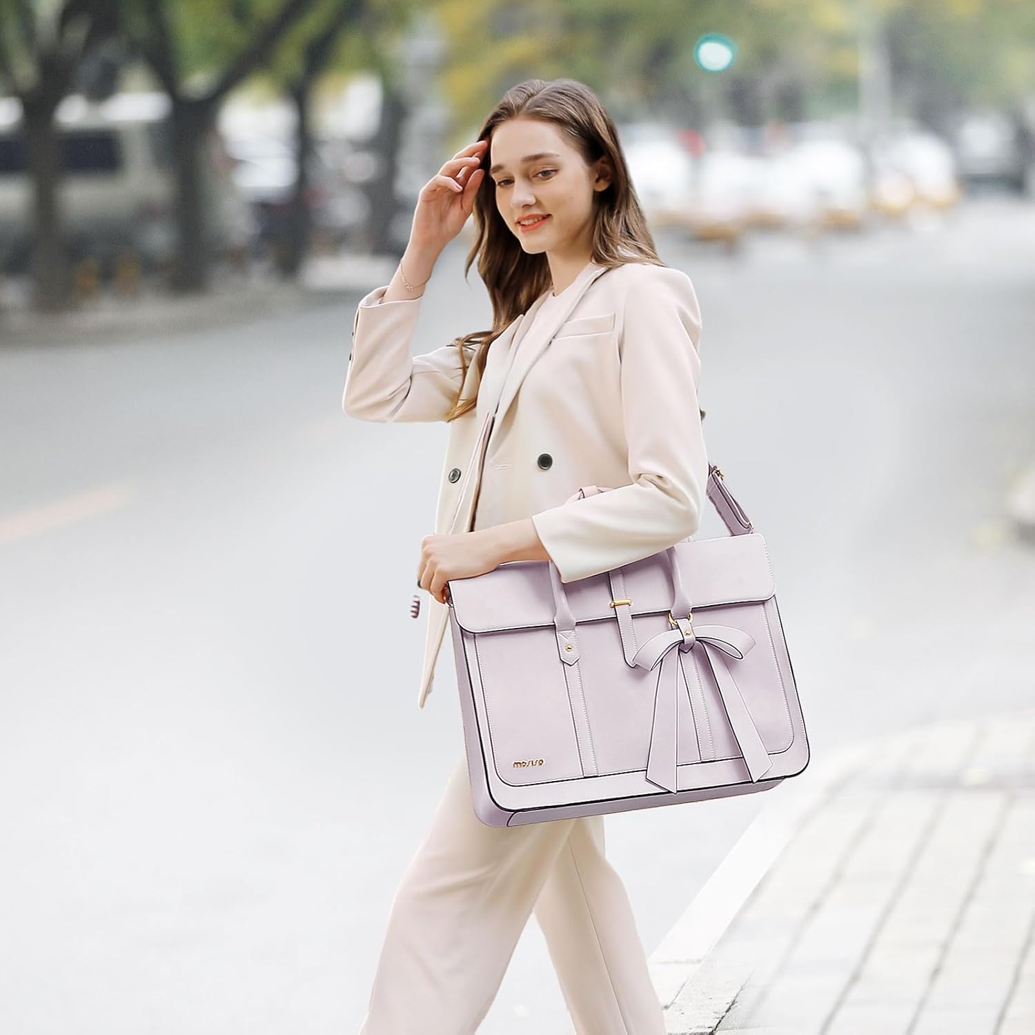 MOSISO Laptop Bag for Women, PU Leather Laptop Shoulder Bag Convertible Backpack, Work Travel Computer Bag with Bowknot - PuriLite