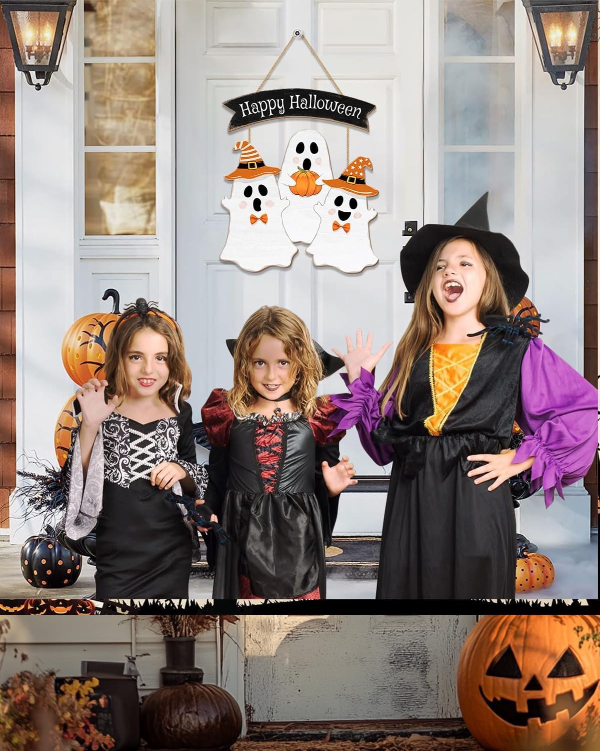 Wooden Halloween Wreath - Ghost Door Decor Hanging Sign for Home Wall Decor & Party Indoor/Outdoor Supply