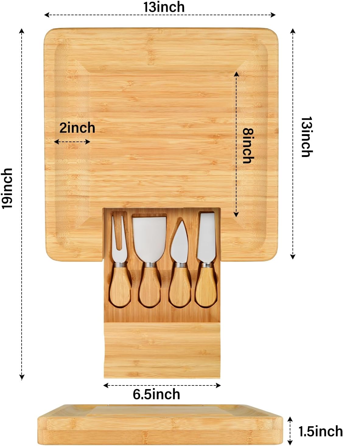 Bamboo Cheese Board with Knife Set, Charcuterie Platter Including Slide-Out Hidden Drawer & 4 Stainless Steel Knife and Utensils-Gifts for Christmas, Wedding, Birthday, Anniversary, Thanksgiving Day