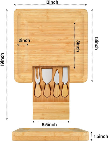Bamboo Cheese Board with Knife Set, Charcuterie Platter Including Slide-Out Hidden Drawer & 4 Stainless Steel Knife and Utensils-Gifts for Christmas, Wedding, Birthday, Anniversary, Thanksgiving Day