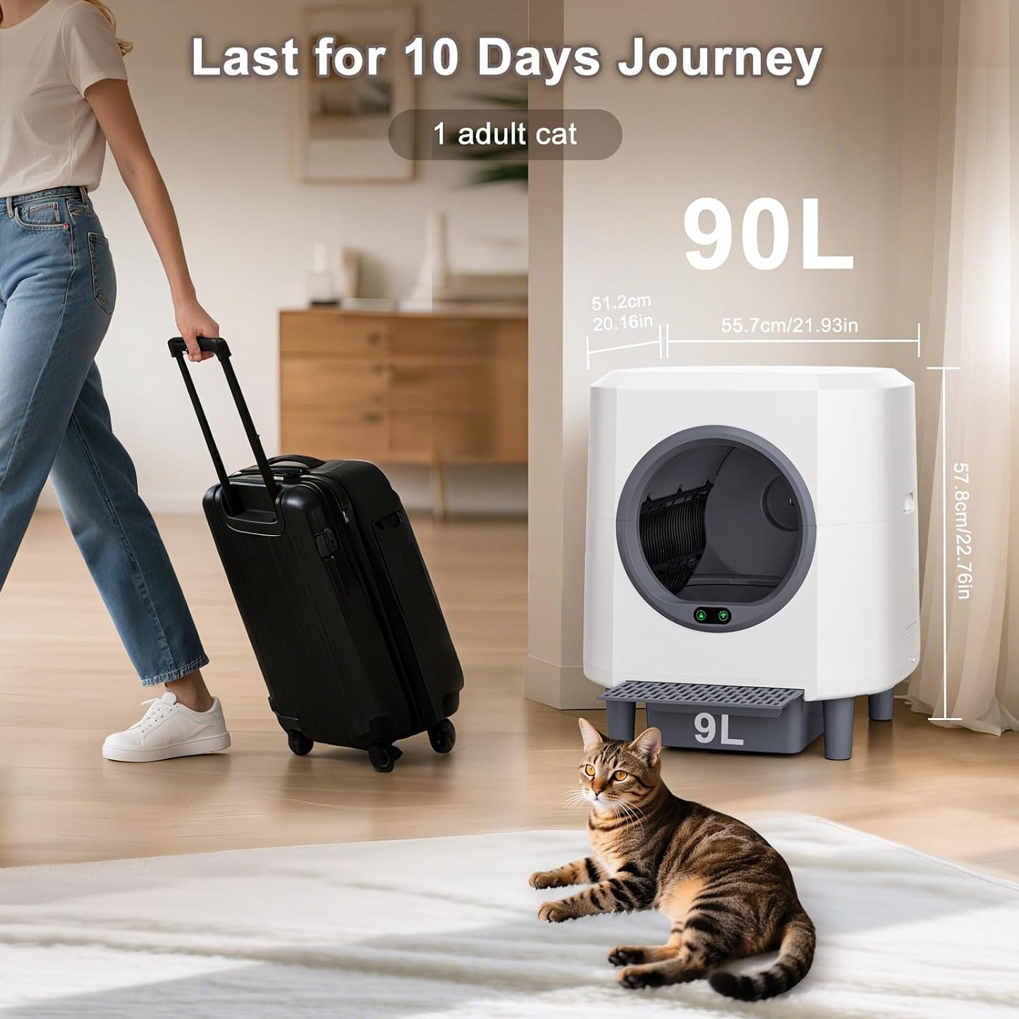 Automatic Cat Litter Box Ellenpent Self-Cleaning Litter Box with APP Control and Safety Sensor, 90L Large Capacity for Multiple Cats, Litiere Pour Chat Autonettoyant with 3 Rolls Poop Bags
