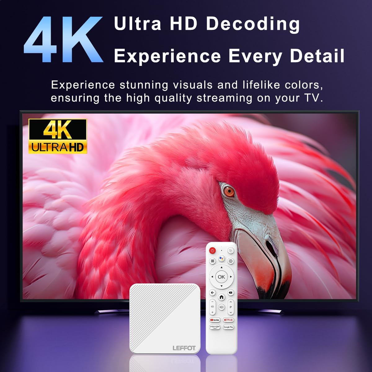 LEFFOT Android 14.0 TV Box 2025, H313 4K Ultra HD Streaming Device for TV, 2GB RAM + 16GB ROM, Smart TV Box with HDR10, Voice Control, 2.4G & 5G WiFi 6, 100M Ethernet, H313 Quad Core ARM Cortex A53