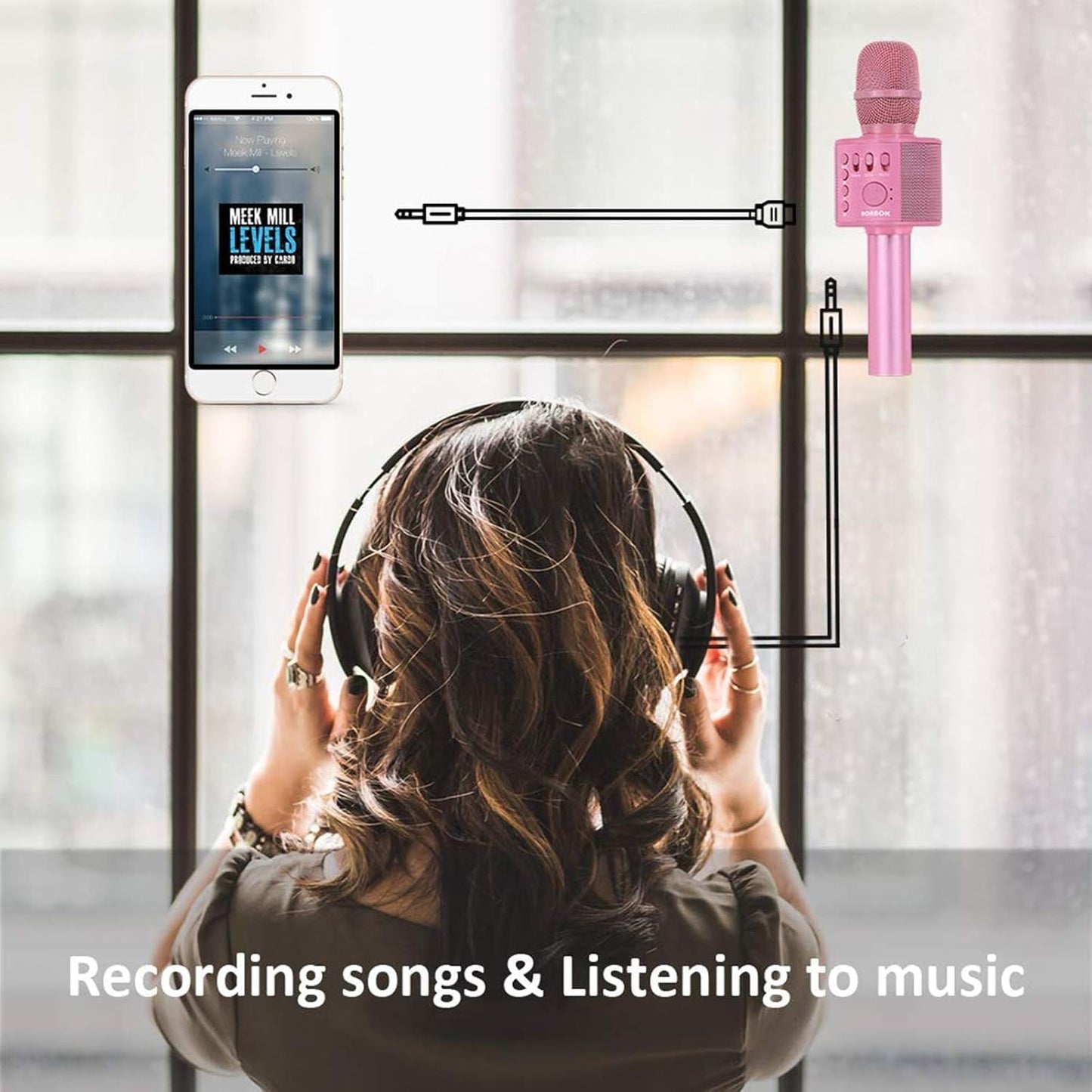 BONAOK Wireless Bluetooth Karaoke Microphone,3-in-1 Portable Instrument Wireless Microphone Mic Speaker Machine Home Party Birthday for All Smartphones（Black）