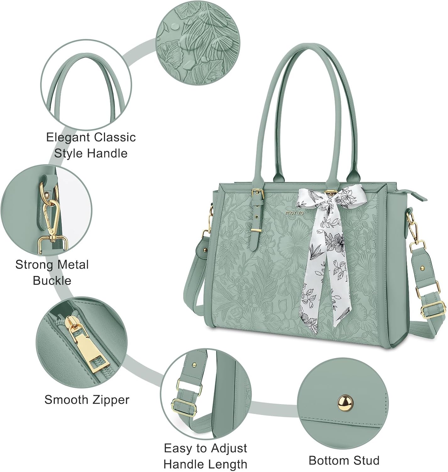 MOSISO Laptop Bag for Women, 17-17.3 inch PU Leathe Tote Bag Compatible with MacBook, HP, Dell, Asus Notebook, Front Embossed Retro Hibiscus Computer Bag with Silk Scarf&Clutch Purse, Gray - PuriLite