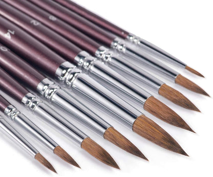 Fuumuuui Sable Watercolor Brushes 9pcs Detail to Mop | Round Pointed Paint Brushes Superior Sable Paint Brush Perfect for Watercolor Gouache Acrylic Ink Painting