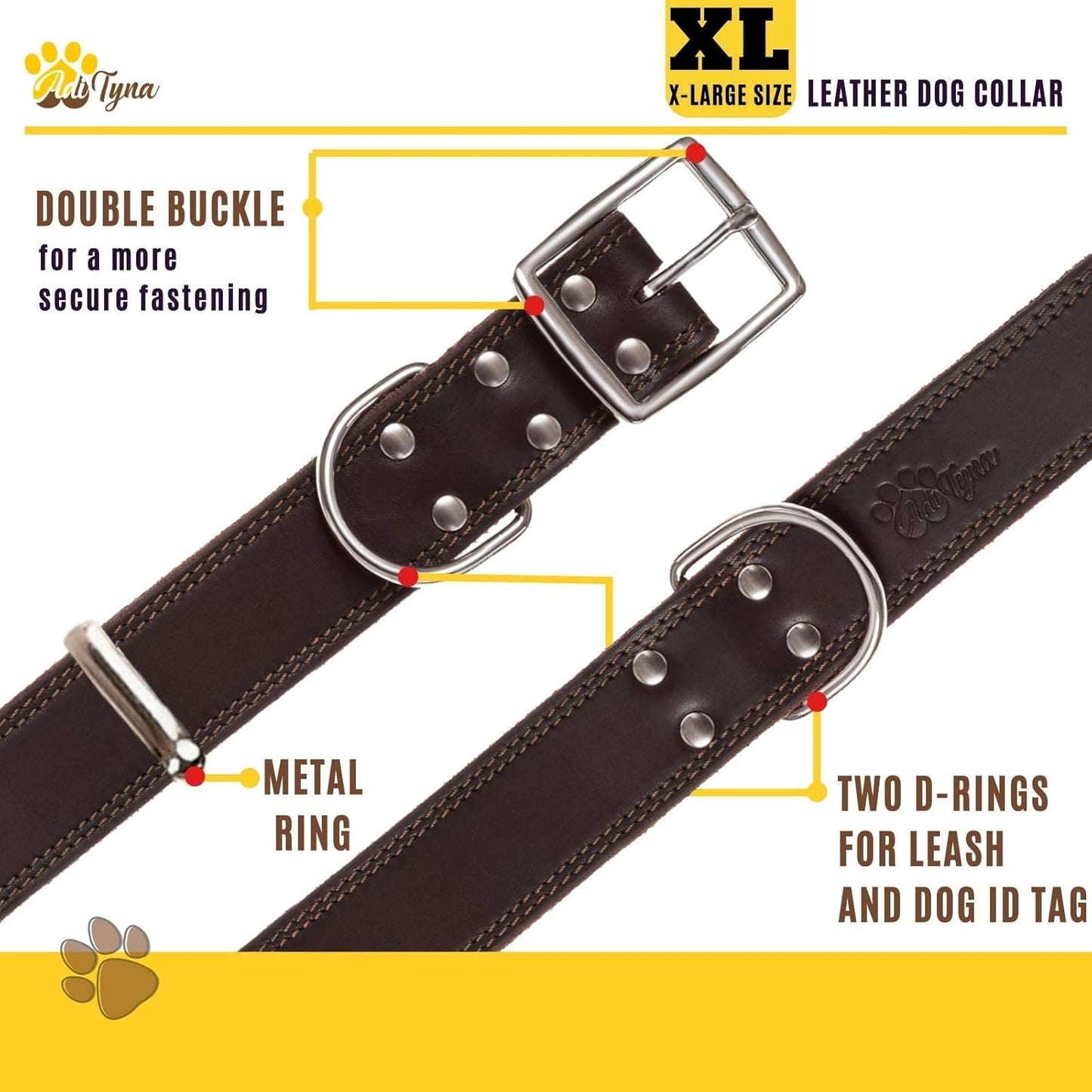 ADITYNA Heavy-Duty Leather Dog Collar for Medium Dogs - Soft and Strong, 100% Genuine Leather - Collier Pour Chien (Medium: Fit 13" - 20" Neck, Brown)