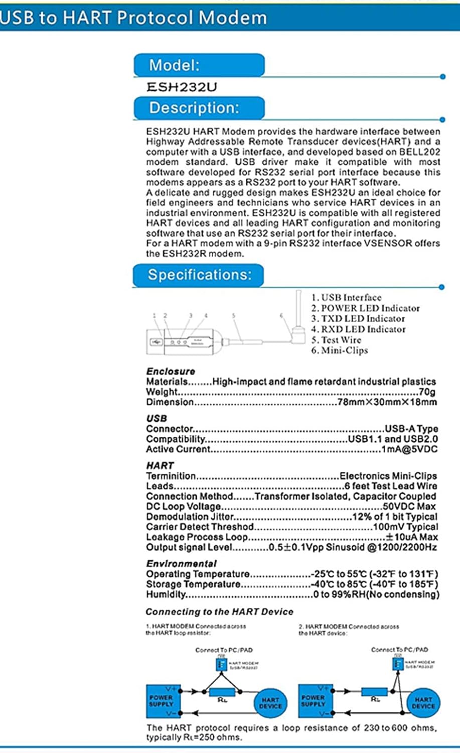 USB Hart Modem ESH232U USB to Hart Protocol Modem Hart Communicator 475 375Transmitter Convertor with Built-in Loop Resistor