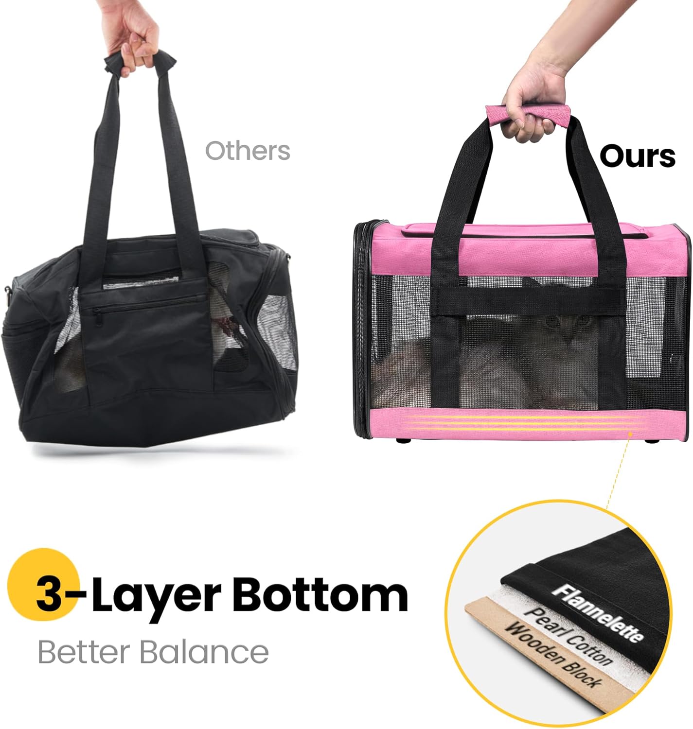 Conlun Cat Carrier Airline Approved, Soft-Sided Dog Carrier with Inner Safety Leash, Pet Transport Carrier for Small-Medium Cats Puppies up to 15 Lbs, Collapsible Travel Kitten Carrier Bag -Black M