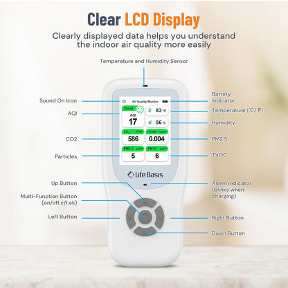 LifeBasis Air Quality Monitor Indoor, 10-in-1 Air Quality Detector with Stand, Real-Time Air Meter Test AQI, PM1.0, PM2.5, PM10, CO2, TVOC, HCHO, Particles, Temperature and Humidity with Alert -Black