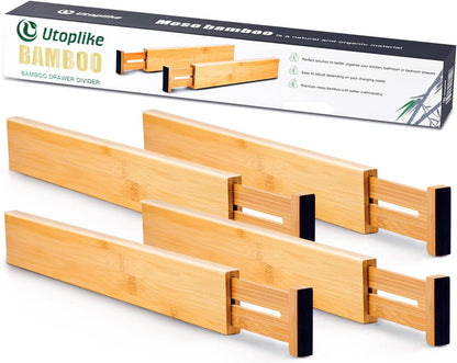 Utoplike 4 Pack Bamboo Kitchen Drawer Dividers,Adjustable Drawer Organizers | Spring Loaded, Works in Kitchen,Dresser, Bathroom, Bedroom, Drawer, Desk