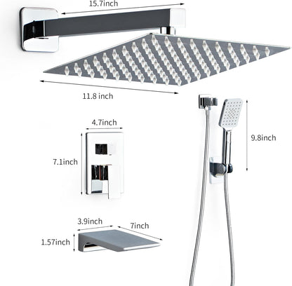 LCEVCGK Shower Faucet Set Complete Matte Black Shower System with 8 inch Square Rainfall Shower Head 3-Function Handheld Shower Waterfall Bathtub Spout Rain Shower Combo Set Bathroom Wall Mounted