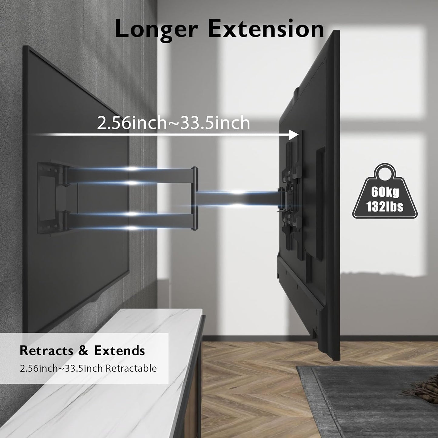 BONTEC TV Wall Mount with Extra Long Articulated Arm for 32-75 Inch TVs, 32.7” Extension, Holds Up to 132lbs, Full Motion Dual Arm Bracket with Tilt, Swivel & Level Adjustment, Max VESA 600x400mm - PuriLite