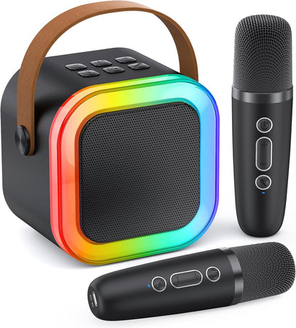Peski Portable Bluetooth Mini Karaoke Machine for Kids & Adults – Singing Speaker with 2 Wireless Mics, Magic Voice Effects, Disco Lights, Rechargeable Battery, Compatible with Smartphones, USB, TF Card, AUX – Black
