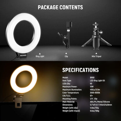 NEEWER BASICS 5" Ring Light for Video Conference Lighting, Clip on Light Kit with Desk Tripod for Monitor Laptop Computer Zoom Call Live Streaming Remote Working Learning Video Recording, BR60
