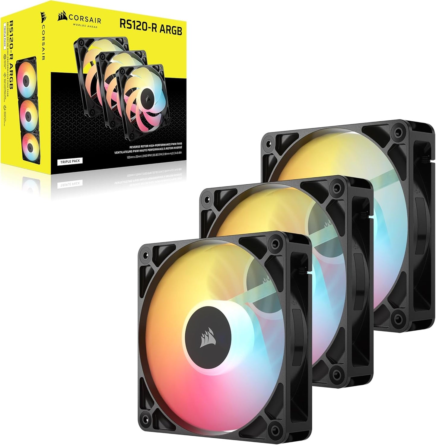 Corsair RS120-R ARGB 120mm PWM ARGB Reverse Fans – Reverse Rotor, +5V ARGB Connections, Eight RGB LEDs, High Static Pressure, Daisy-Chain, Magnetic Dome Bearing, Zero RPM Mode – Triple Pack – Black