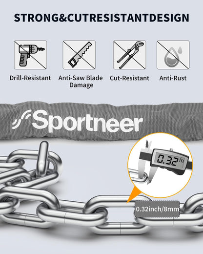 Sportneer Bike Lock Anti-Theft Bicycle Chain Lock Heavy Duty 0.32inch/8mm Thicker Motocycle Lock High Security with 2 Keys for Bike, Scooter, Moto, Door, Gate Fence