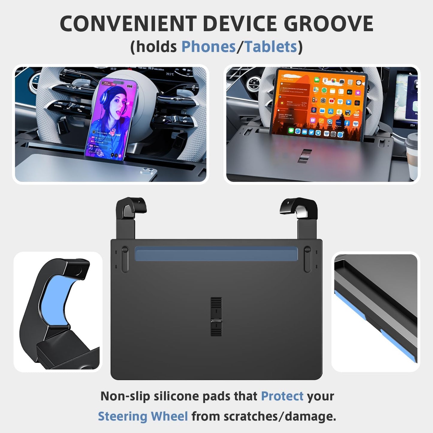 Steering Wheel Tray | Adjustable Car Desk for Laptop & Food Tray with Phone Stand and Storage Drawers