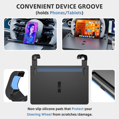 Steering Wheel Tray | Adjustable Car Desk for Laptop & Food Tray with Phone Stand and Storage Drawers