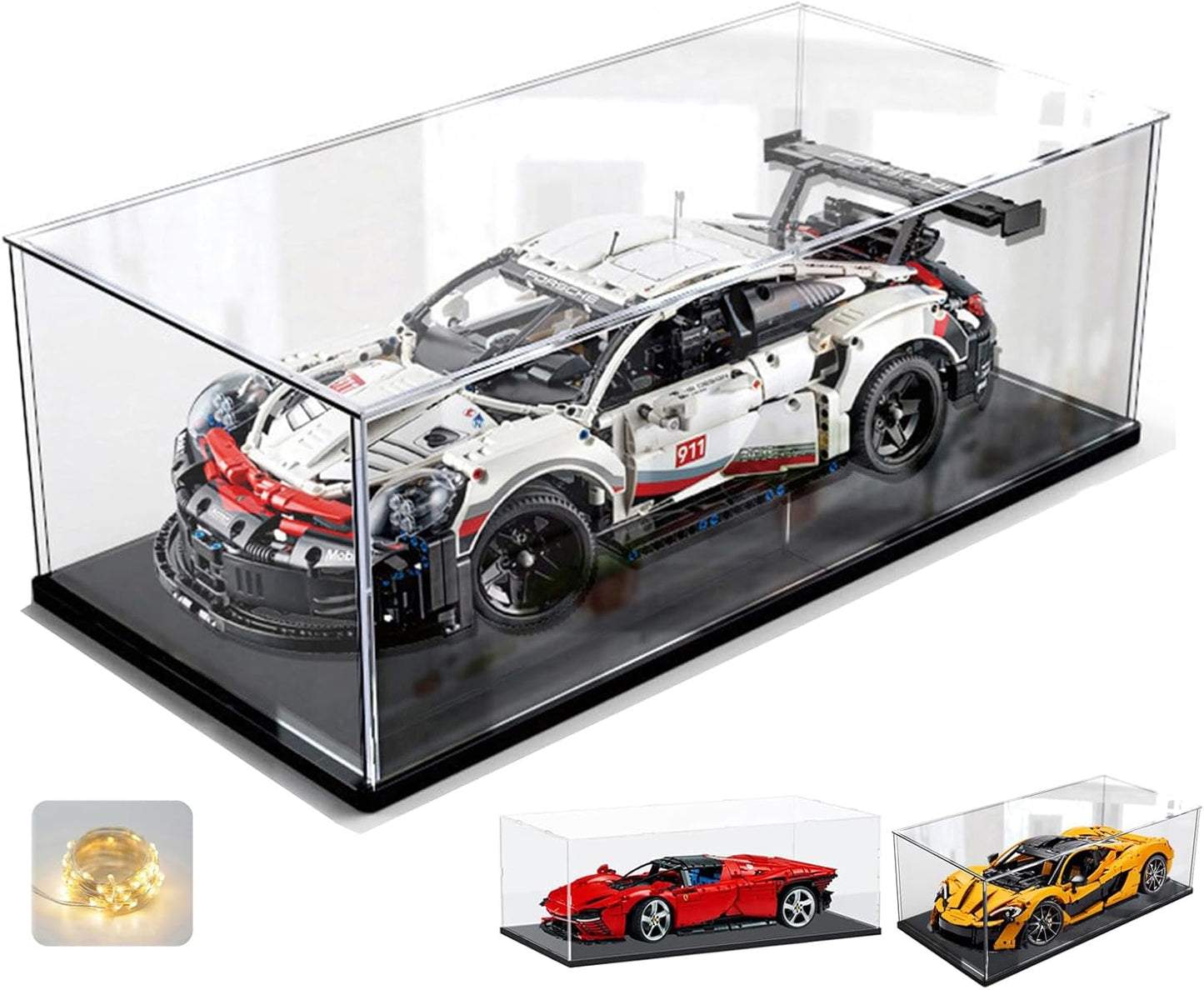 Thickened Clear Acrylic Display Case for Lego 10330 43268 76450 42170 10295 10353 Collectibles, Transparent Box Dustproof Protection with Wood-Plastic Base & String Light, Black Inside 40x20x20cm