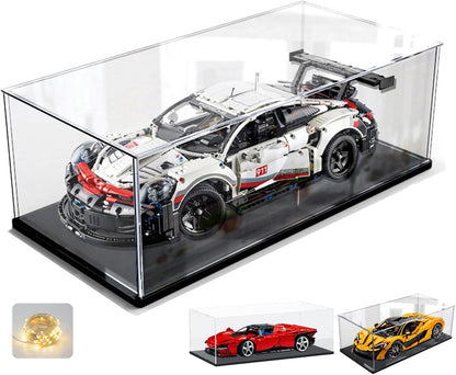 Thickened Clear Acrylic Display Case for Lego 10330 43268 76450 42170 10295 10353 Collectibles, Transparent Box Dustproof Protection with Wood-Plastic Base & String Light, Black Inside 40x20x20cm
