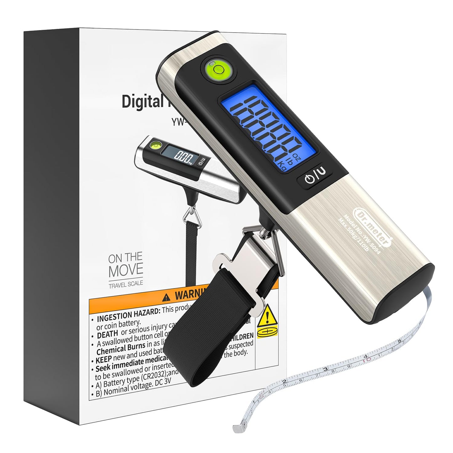 Luggage Scale, Dr.meter Digital Hanging Weight Scale with Tape Ruler, Portable Suitcase Scale 110lb/50kg Backlight LCD Display Electronic Scale Travel Essentials Traveler Gifts, Overload Alarm-Silver