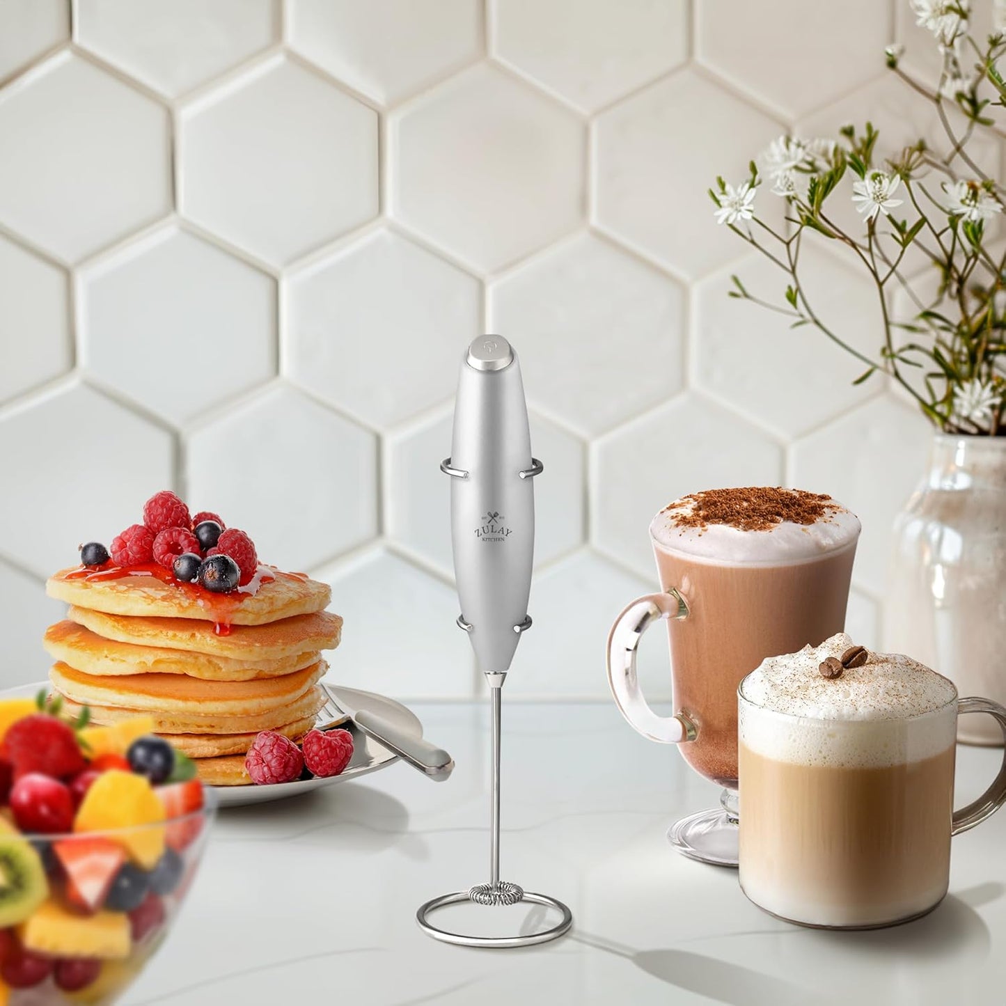 Zulay Kitchen Powerful Double Whisk Milk Frother Handheld - Foam Maker with Stand - Whisk Drink Mixer for Coffee, Mini Foamer for Latte, Matcha, Frappe, Hot Chocolate & Cappuccino (Black)