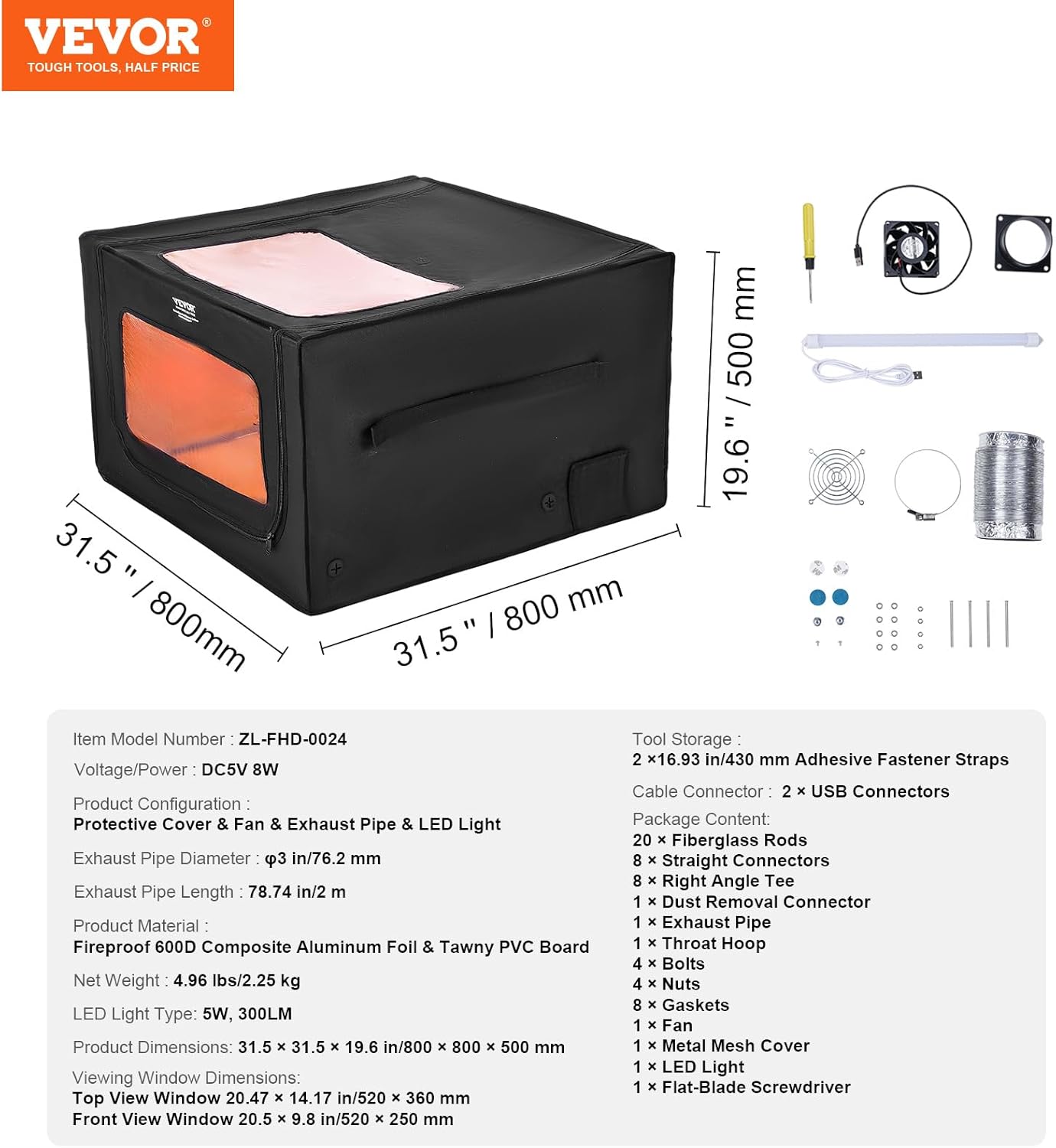 VEVOR Laser Engraver Enclosure, 31.5 x 31.5 x 19.6", Dual-Direction Viewing, Flame Retardant and Fireproof Protective Cover, with Exhaust Fan and Pipe, Insulates Smoke, Noise and Eye Protection