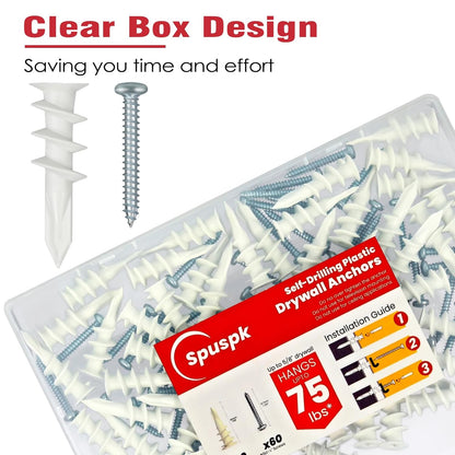 Spuspk #8 Self Drilling Drywall Anchors,120Pcs Wall Anchors and Screws for Drywall, 60 Self-Tapping/Threaded Plastic Sheetrock Anchors + 60#8 x 1-1/4'' Screws, 75LB Hanging and Mounting