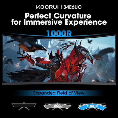 KOORUI 34-inch Ultrawide Curved WQHD 3440×1440 Gaming Monitor, 165Hz 144Hz Curved 1000R- PIP/PBP, 1ms(MPRT) with DisplayHDR 400, DCI-P3 90% Color Gamut, AdaptiveSync, HDMI/DisplayPort, 34E6UC - PuriLite