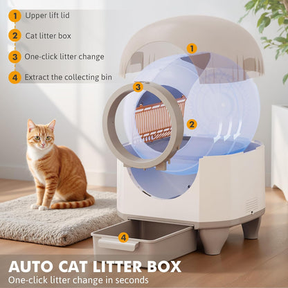 GUNJI Self Cleaning Litter Box, 90L Automatic Cat Litter Box for Multiple Cats, App Control-No Scoop, Large Kitty Box with Safety Protection, Includes Mat, 1 Garbage Bags (Gray)