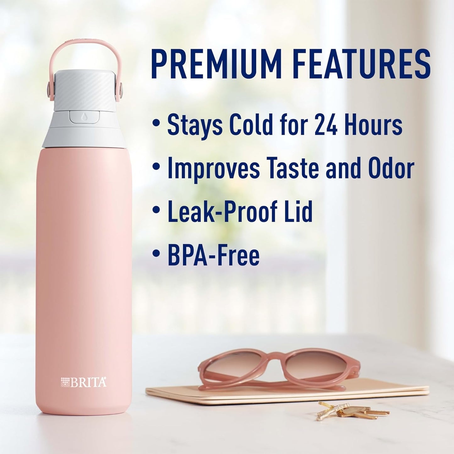 BRITA Stainless Steel Water Bottle with Filter, 591 mL Premium Double Insulated Water Bottle, Rose