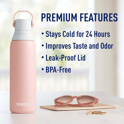 BRITA Stainless Steel Water Bottle with Filter, 591 mL Premium Double Insulated Water Bottle, Rose
