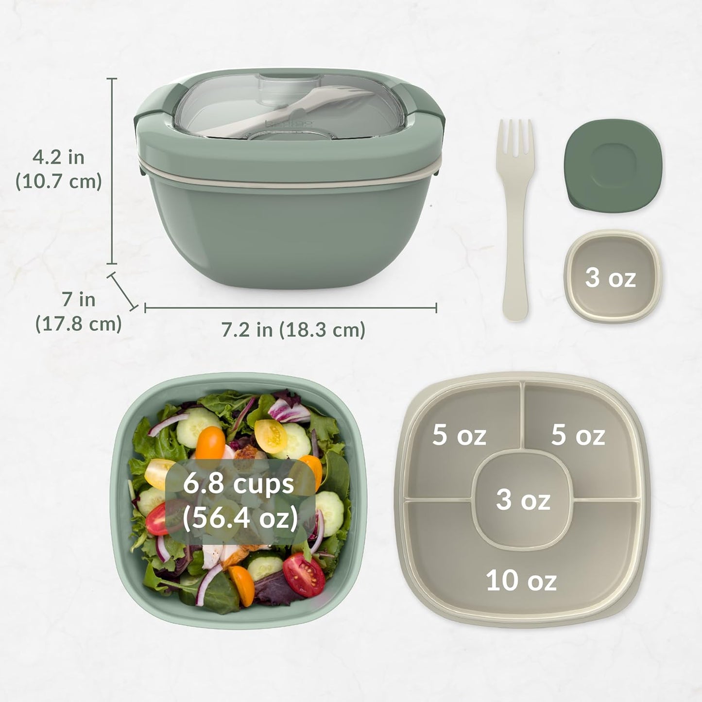 Bentgo Salad - Stackable Lunch Container with Large 54-oz Salad Bowl, 4-Compartment Bento-Style Tray for Toppings, 3-oz Sauce Container for Dressings, Built-in Reusable Fork & BPA-Free (Khaki Green)