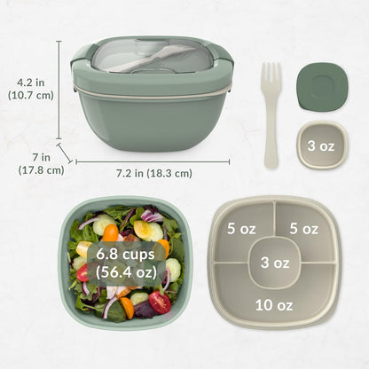 Bentgo Salad - Stackable Lunch Container with Large 54-oz Salad Bowl, 4-Compartment Bento-Style Tray for Toppings, 3-oz Sauce Container for Dressings, Built-in Reusable Fork & BPA-Free (Khaki Green)