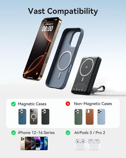 INIU Qi2 Magnetic Power Bank, Market's Slimmest 10000mAh Portable Charger with Foldable Stand for iPhone 16/15/14/13/12 Series