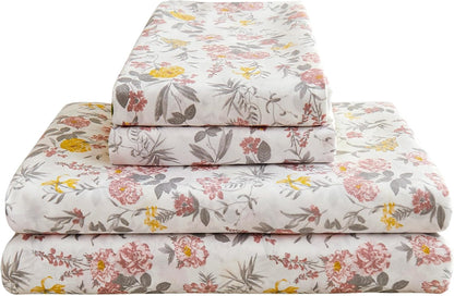 Viviland Floral Queen Sheet Set - 4 Piece Vintage Pink & Yellow Flower Patterned Bed Sheets - Soft, Breathable Microfiber Sheets with Deep Pocket, Non-Slip Fitted Sheets & Pillowcases