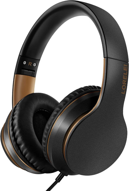 LORELEI X6 Over-Ear Wired Stereo Bass Headphones with Microphone, Lightweight, Foldable & Portable with 1.45M No-Tangle for Smartphone, Tablet, MP3/4, Space Black