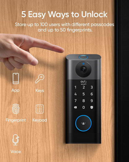 eufy Security Video Smart Lock S330,Doorbell Camera with Chime, 3-in-1 Camera+Doorbell+Fingerprint Keyless Entry Door Lock,BHMA, WiFi Door Lock,App Remote Control,2K HD,No Monthly Fee,SD Card Required