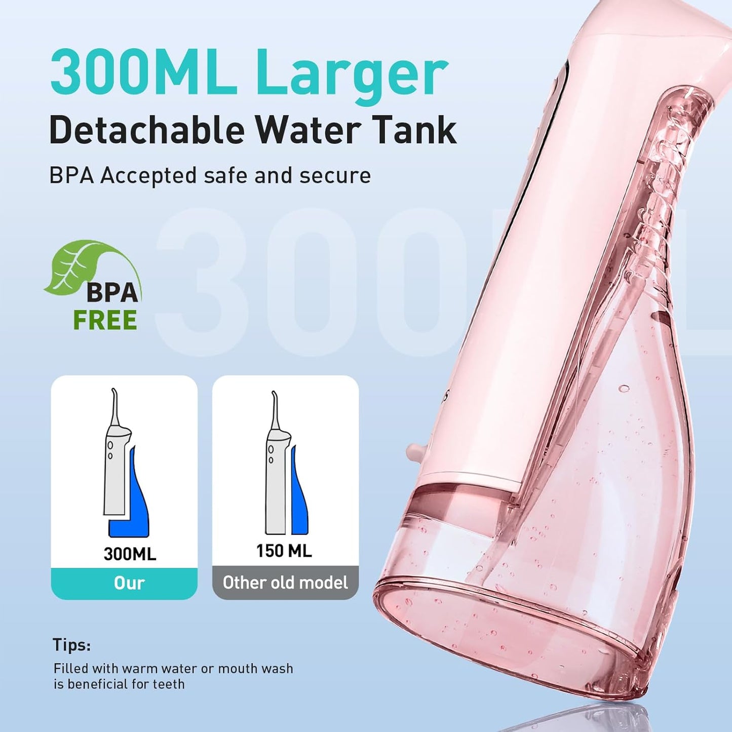 COSLUS Water Teeth Flosser: 300ML Cordless Electric Water Tooth Flossing Rechargeable IPX7 Waterproof Portable Travel Flossers Set for Teeth