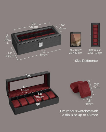SONGMICS Watch Box, 6-Slot Watch Case, Watch Box Organizer, Black Synthetic Leather, Greenish Gray Lining UJWB06BK