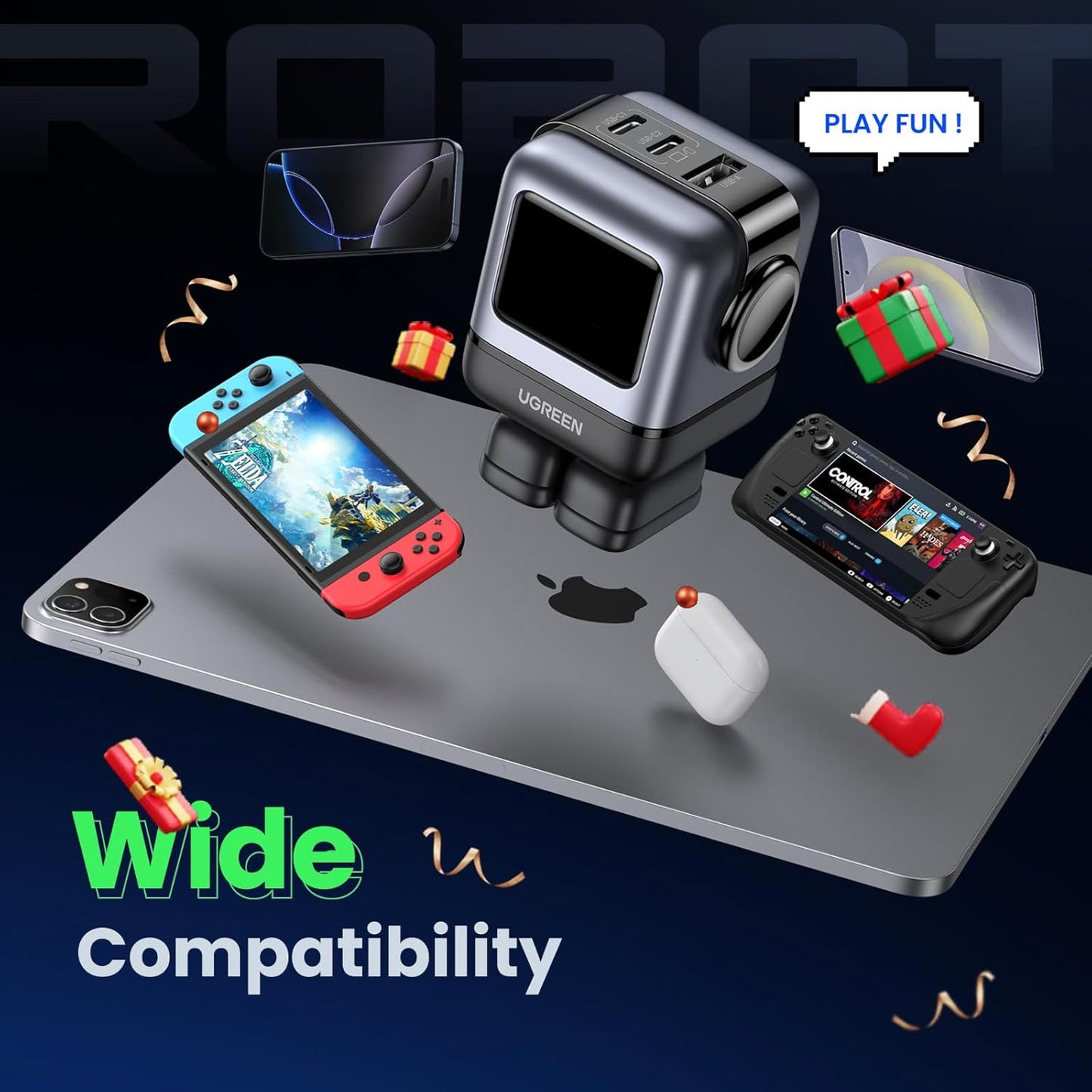 UGREEN Uno 65W USB C Charger, Nexode Robot GaN Fast Charger Block 3-Port, Compact Wall Charger Power Adapter for MacBook Pro/Air, iPhone 15 14 Pro, Galaxy S23 Ultra, Pixel 8, iPad, Steam Deck, Purple