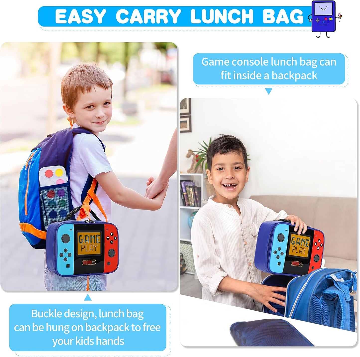 Kids Lunch Bag Insulated Back to School Reusable Tote Lunch Box for Girls Boys-Game Play