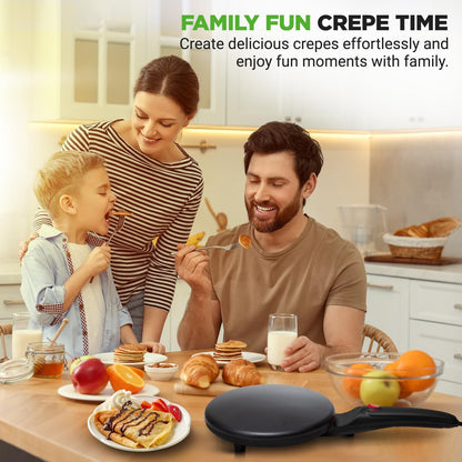 NutriChef Electric Crepe Maker, Cooks Roti, Tortillas, Pancakes, Nonstick Cooktop, 8-inch Cook Area On/Off Switch, Automatic Temperature Control & Cool Touch Handle, Includes Food Bowl, Whisk, Spatula
