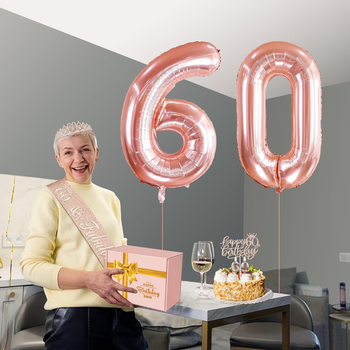65th Birthday Decorations for Women, Including 65th Birthday Sash and Crown, Cake Topper and Candles, Number Balloons Rose Gold, 65 Year Old Gifts for Women