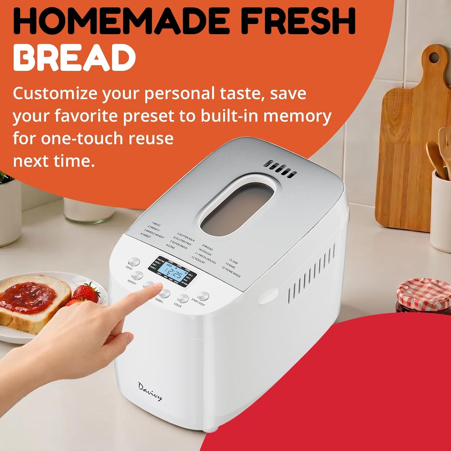 Davivy 3LB Large Capacity Bread Machine, 850W Powerful Automatic Bread Maker with 15 Programs, 3 Crust Colors & 1.5H 3LB Quick Bake, Nonstick Pan, 15H Delay Timer for Gluten Free Yogurt Dough