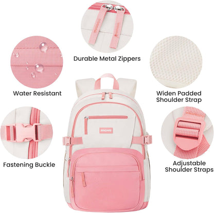 WINDARS Backpack for School Girls, Cute High School Backpacks for Teens Women Student Large Bookbag 15.6 Inch Laptop Bag with USB Charger Port for College Work Travel Trip (Beige Khaki)